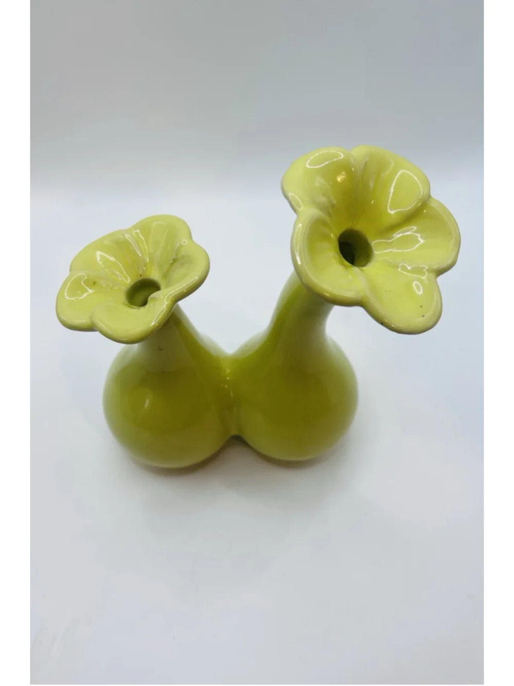 Vintage Chartreuse Double Bulb Ceramic Vase Yellow Green Whimsical Two Stem